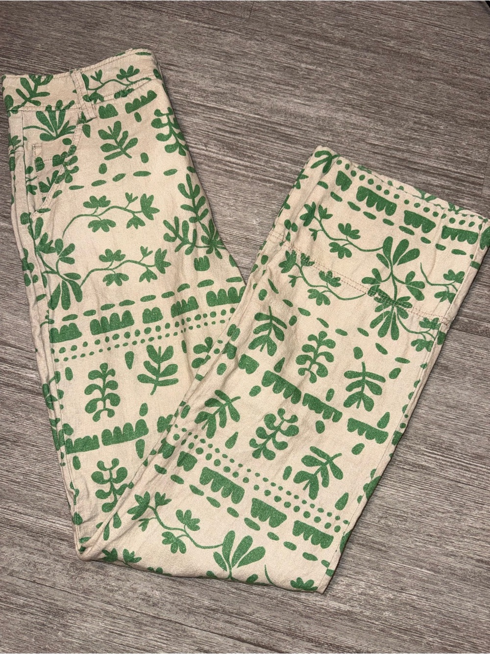 Zara Green Botanical Print Linen Blend Wide Leg Pants LightWeight Resortwear